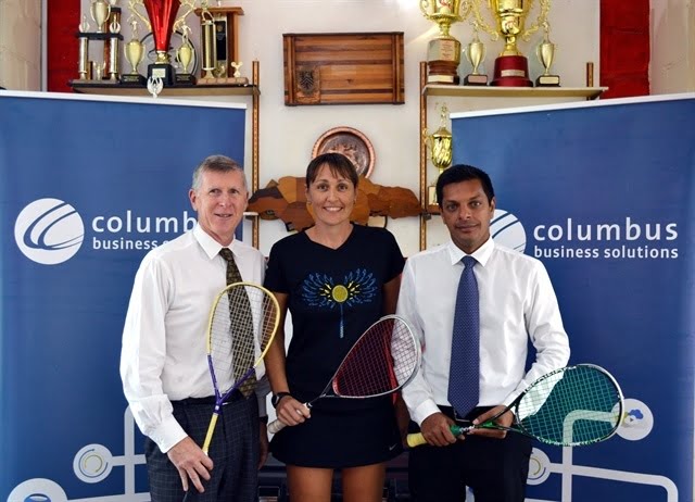 Paul McLeod President Barbados Squash Club left Karen Meakins Barbados Professional Squash Playercentre Jaggernauth Dass vice president Columbus Business Solutions Barbados and the eastern