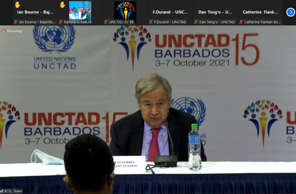 UN Secretary General, António Guterres, addressing Tuesday's Press Briefing of the United Nations Conference on Trade and Development (UNCTAD 15) being held in Barbados at the Lloyd Erskine Sandiford Centre.