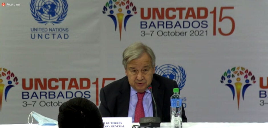 UN Secretary General, António Guterres, addressing Tuesday's Press Briefing of the United Nations Conference on Trade and Development (UNCTAD 15) being held in Barbados at the Lloyd Erskine Sandiford Centre.
