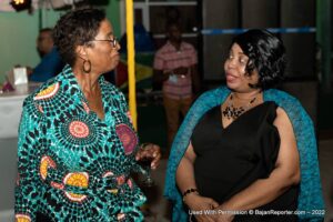 (Left) Minister of State in the Ministry of Foreign Trade and Business Development, Sandra Husbands in conversation with Guyana’s Consul General to Barbados, Geneva Ross-Tyndall during the reception