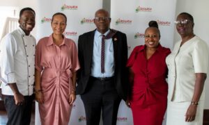 (left to right) Chef Andre Church, CEO Restaurant Training and Advisory Services, Kendra Hopkin, President of The Grenada Hotel and Tourism Association, Hon. Lennox Andrews, Minister for Economic Development, Planning, Tourism, ICT, Creative Economy, Agriculture and Lands, Fisheries & Cooperatives, Arlene Friday CEO of The Grenada Hotel and Tourism Association, and Nola Bartholomew, Senior Administrative Officer, Ministry of Tourism (Photo by Elevate Media for GHTA)