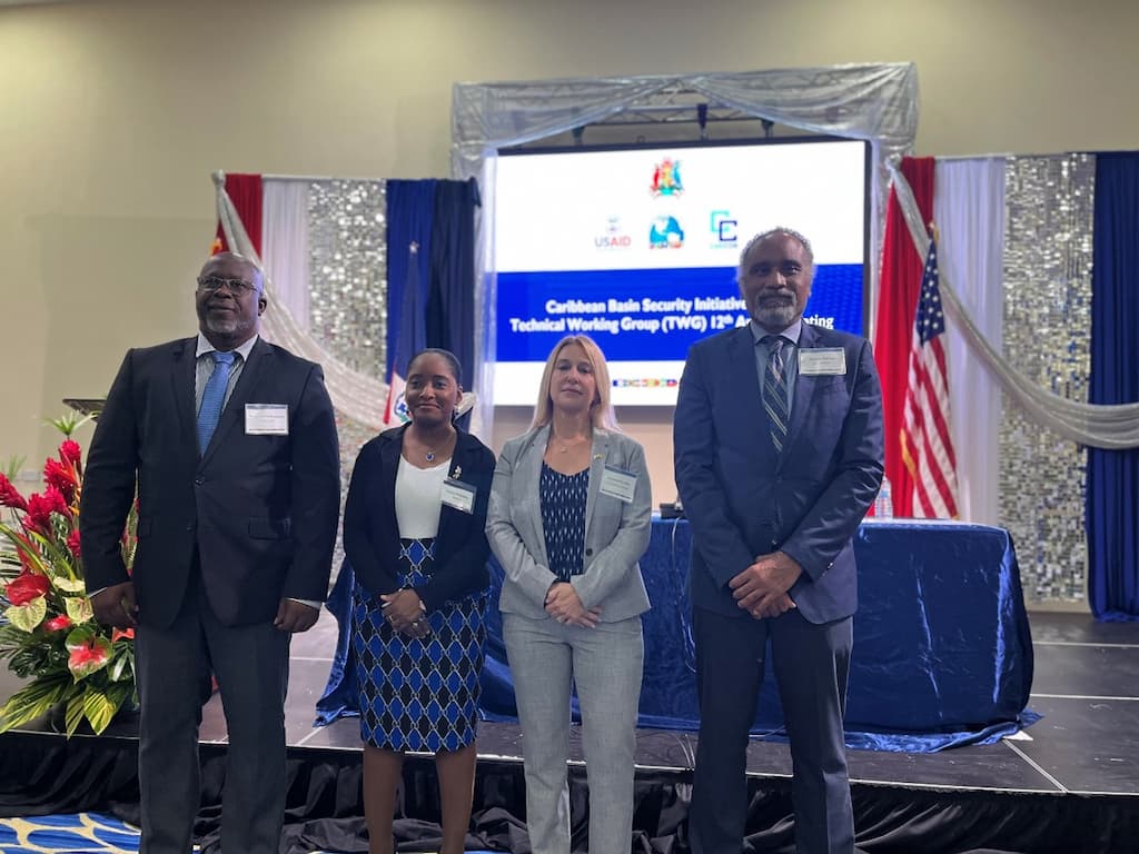 Pictured from left to right: Sherwin Toyne-Stephenson, Programme Manager, Crime and Security, Directorate of Human and Social Development, Caribbean Community (CARICOM) Secretariat; Carlyn McQuilkin, Permanent Secretary, Ministry of National Security, Home Affairs, Public Administration, Information and Disaster Management, Government of Grenada; Frances J. Herrera, Principal Officer, U.S. Embassy Grenada; and Mervyn Farroe, Regional Representative, USAID Eastern and Southern Caribbean.