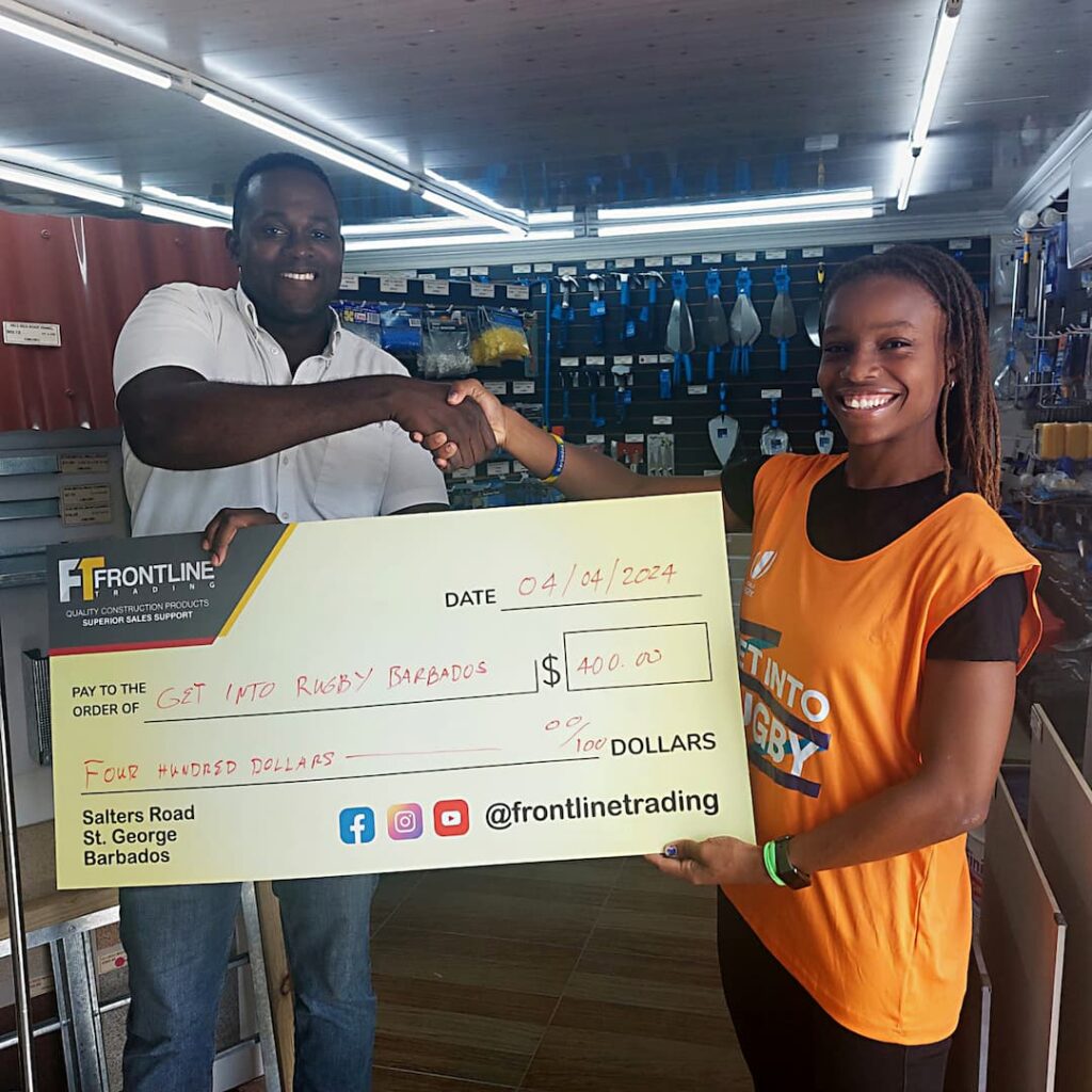 Frontline Trading’s Sales & Marketing Manager, Patrick Niles, presented the cheque to GIR Barbados Coordinator Jessica Derrell at the company’s Salters location.