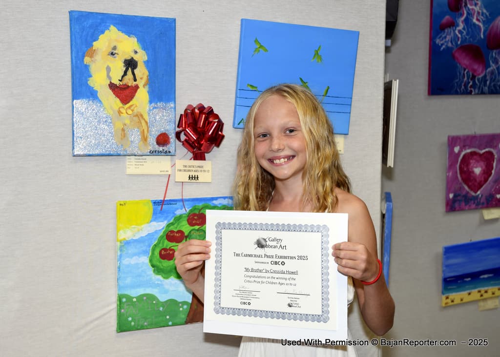 Cressida Howell – Critic’s Prize winner for children in the 10-12 age category poses with her certificate by her painting “My Brother”
